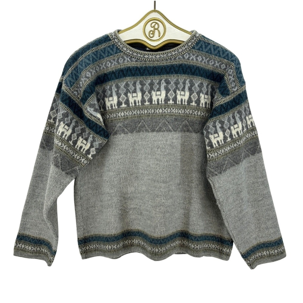 INTI Tejidos 100% Wool Sweater Alpaca-Style Ecuador Knit Gray Blue Geometric